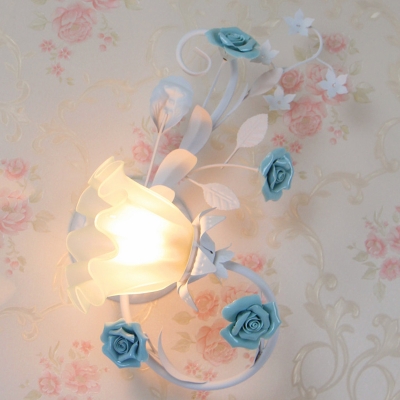 Blue Scrolling Flower Wall Lighting Pastoral White Glass 1-Light Bedside Left/Right Wall Mounted Lamp