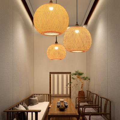 Braided Bamboo Sphere Pendant Lighting Chinese Single-Bulb Beige Ceiling Suspension Lamp, 12