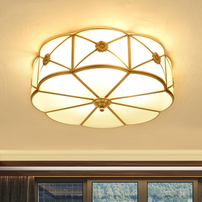 Brass Floral Drum Semi Flush Light Traditional Frosted Glass 3/4/6-Head Dining Room Small/Medium/Large Ceiling Mount Lamp