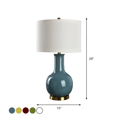 Ceramics Vase Night Table Lamp Modern Single White/Blue/Red Nightstand Light with Drum Fabric Lampshade