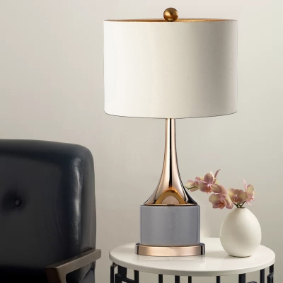 Cylinder Nightstand Light Post-Modern Fabric 1 Light Living Room Table Lamp in Grey/White and Gold