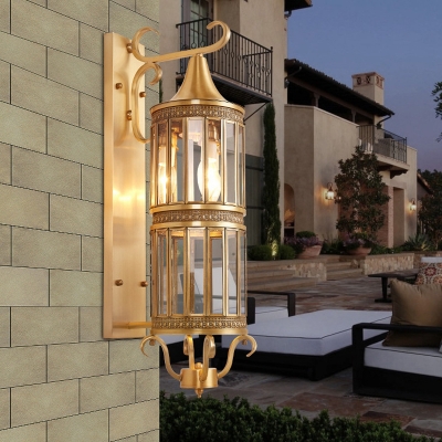 Cylinder Outdoor Lantern Sconce Vintage Clear/Frosted Glass 3 Lights Brass Wall Mounted Lamp