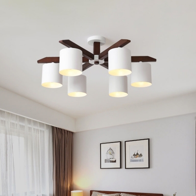 Dark Brown Radial Semi Flush Chandelier Nordic 5/6/8 Heads Wooden Flush Ceiling Light with White Cylinder Metal Shade
