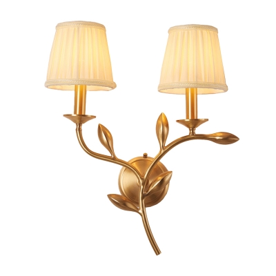 Fabric Gold Finish Wall Light Tapered 1/2-Head Country Style Sconce Lighting Fixture with Twig Shaped Arm