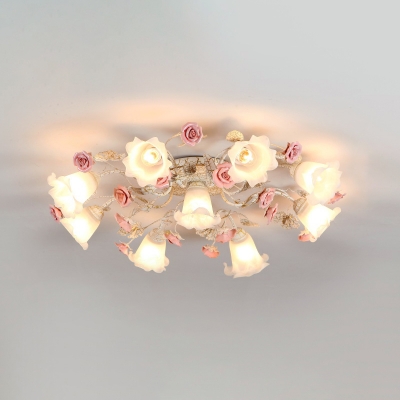 Floral Bedroom Ceiling Flush Mount Light Pastoral Style Frosted Glass 4/6/9-Light White Semi Flush with Pink Rose Deco