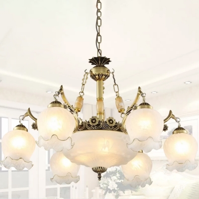 Frosted White Glass Bronze Drop Lamp Semi-Open Flower 9-Light Traditional Style Chandelier Light
