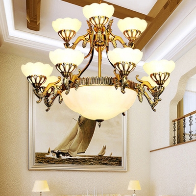 Handmade Layered Flower Milk Glass Chandelier Traditional 15 Bulbs Dining Room Suspension Light in Brass