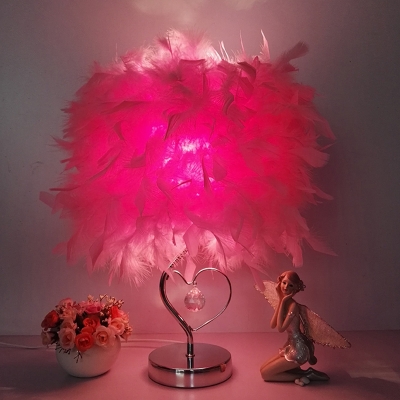 Heart Shaped Table Lamp Modern Feather Single Girls Room Night Light in White/Red/Pink with Crystal Orb