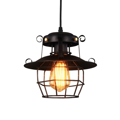 Iron Caged Ceiling Hanging Lantern Industrial 1 Head Kitchen Bar Drop Pendant in Black