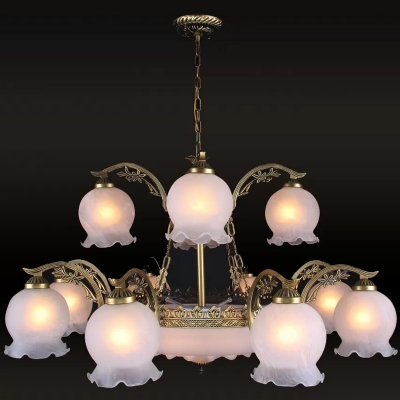 Ivory Frosted Glass Bronze Chandelier 2-Tier Ruffled-Trim Ball 15 Lights Traditional Ceiling Suspension Lamp