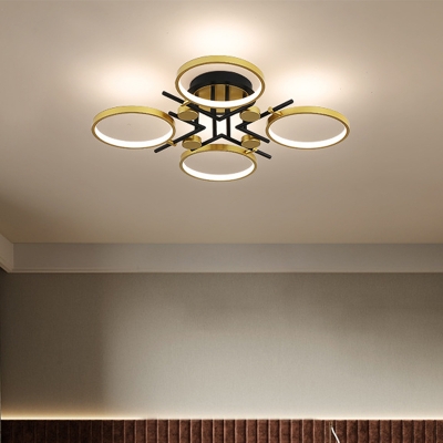 Metal Circular Semi Mount Lighting Modernist 4/6 Heads Gold Close to Ceiling Light in Warm/White/3 Color Light