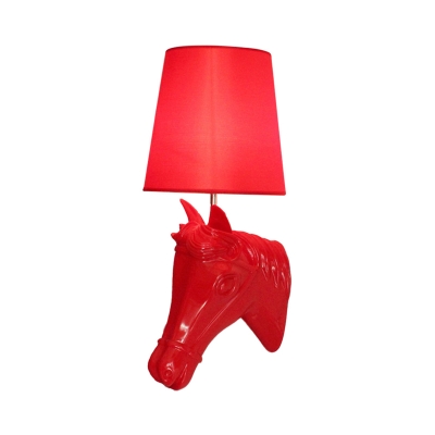 Modern Horse Head Wall Light Resin 1 Bulb Living Room Wall Lamp Kit with Tapered Fabric Shade in Red/Black/White