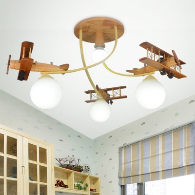 Modern Kids Globe Semi Flush Mount Light Wood 4 Lights Brown Ceiling Lamp with Airplane for Kindergarten