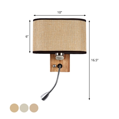 Modern Oval Shade Wall Lamp Fabric 1-Light Bedside Wall Mounted Reading Light with Spotlight in Beige/Flaxen/Champagne