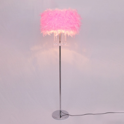 Modernist Round Floor Standing Light Feather 1-Light Living Room Floor Lamp in White/Pink/Purple with Crystal Pendalogues