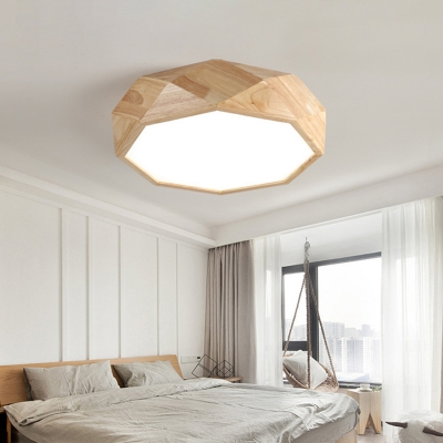 Polygon Rubber Wood Ceiling Fixture Contemporary Beige LED Flush Mounted Lighting in Warm/White Light, 18
