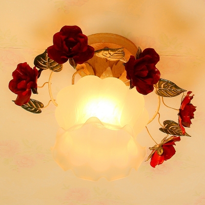 Red Rose Semi Mount Lighting Korean Flower 1 Bulb Bathroom Ceiling Flush Light with Frosted Glass Shade