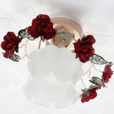 Red Rose Semi Mount Lighting Korean Flower 1 Bulb Bathroom Ceiling Flush Light with Frosted Glass Shade