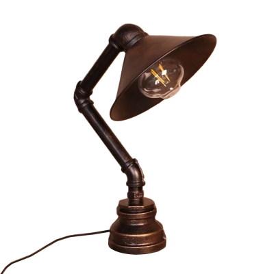 Single-Bulb Conic Table Lamp Industrial Bronze Iron Nightstand Light with Piping Arm
