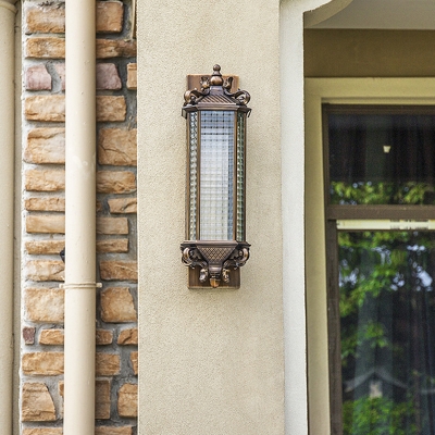Small/Large Cylinder Grid Glass Wall Lighting Antique Style 1 Bulb Porch Wall Sconce in Brass