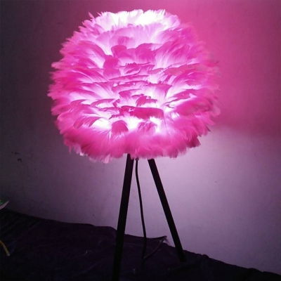 Spherical Bedside Table Lamp Feather Single Nordic Style Night Light in White/Red/Pink with Black/White Tripod