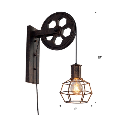 Wrought Iron Ball Cage Wall Lamp Rustic 1 Head Bistro Wall Hanging Light with Pulley in Antique Black