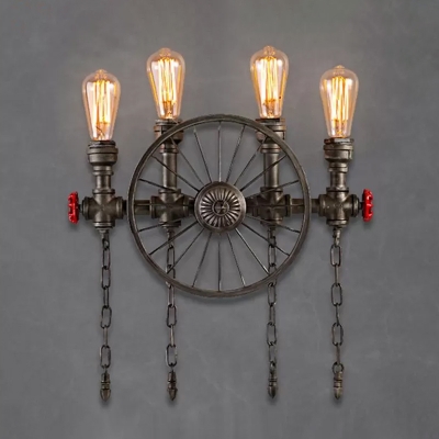2/4 Bulbs Wrought Iron Wall Sconce Industrial Bronze Plumbing Pipe Bistro Wall Light with Wheel and Chain Deco