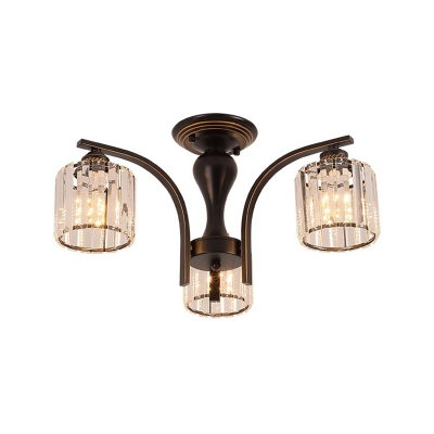3/6-Bulb Flush Mount Chandelier Traditional Cylinder/Floral White Glass/Clear Prismatic Crystal Semi Flush Ceiling Light in Black/Gold