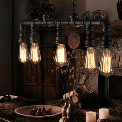 5 Bulbs Piping Pendant Light Fixture Factory Black Metal Hanging Lamp over Island