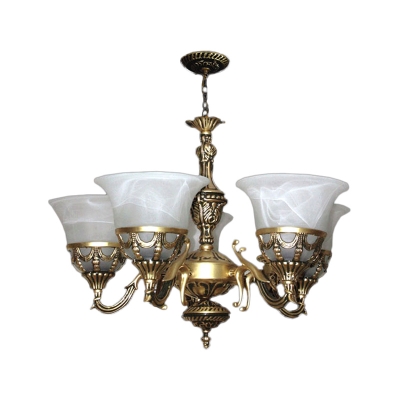 Alabaster Glass Flared Chandelier Antique Style 5-Head Dining Room Hanging Light Fixture in Bronze