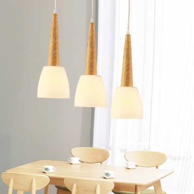 Bell Dining Table Drop Pendant White Glass 1/3-Light Nordic Ceiling Light with Wood Handle