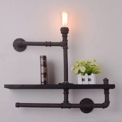 Black/Rust 1 Bulb Wall Mount Lamp Loft Style Metal Asymmetric Pipe Wall Light Sconce with Rack