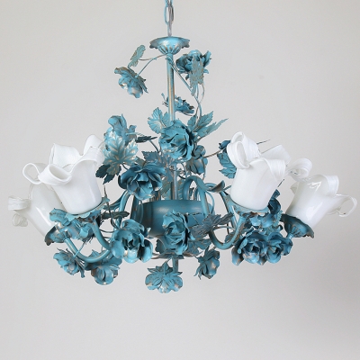 Blue Rose Blossom Hanging Lamp Romantic Pastoral Milky Glass 3/5/8 Bulbs Dining Room Chandelier