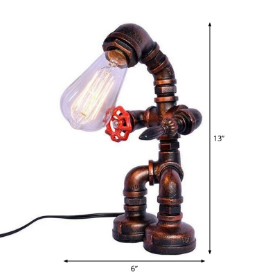 Brass/Copper Pipe Man Table Light Industrial Metal 1 Head Boys Room Night Stand Lamp with Naked Bulb Design