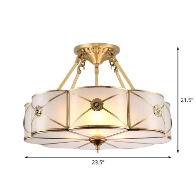 Brass Floral Drum Semi Flush Light Traditional Frosted Glass 3/4/6-Head Dining Room Small/Medium/Large Ceiling Mount Lamp