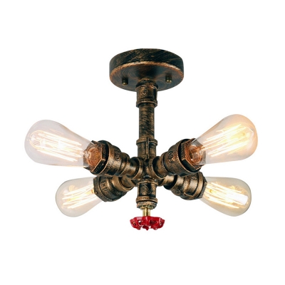 Bronze Pipe Semi Flush Light Industrial Iron 4-Light Foyer Ceiling Mount Lamp with Water Valve