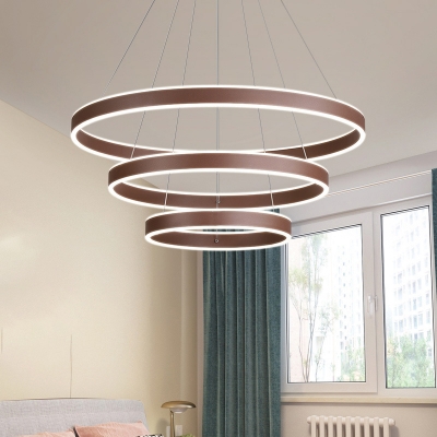 Brown 1/2/4-Tier Circle Chandelier Minimalist Aluminum LED Hanging Ceiling Light for Living Room
