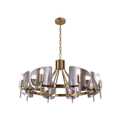 Circle Living Room Chandelier Metal 8 Heads Postmodern Suspension Light in Gold with Curved Smoke Glass Shade