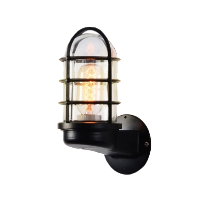 Clear Glass Half-Capsule Wall Light Loft 1 Head Bedside Wall Mounted Lamp with Exterior Cage Guard in Grey/Red/Blue