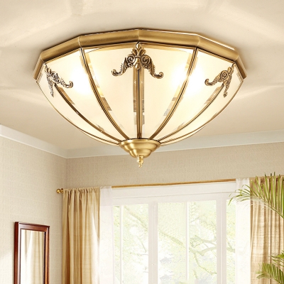 Colonial Style Bowl Flush Ceiling Light 3/4-Light Frosted White Glass Flush-Mount Light Fixture in Brass, 14