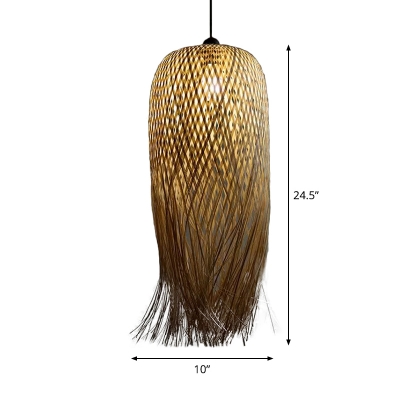 Criss Cross-Woven Rattan Dome Pendant Rustic 1 Bulb Beige Ceiling Hanging Light with Fringe, 6