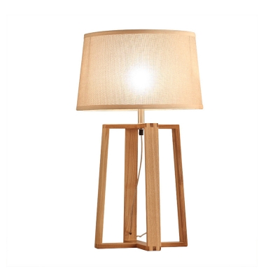 Crisscross Wood Night Stand Light Modern 1-Light White Table Lamp with Drum Fabric Shade