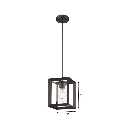 Cuboid Iron Pendant Light Fixture Rustic 1-Light Kitchen Bar Pendulum Light in Black with Inner Cup Clear Glass Shade