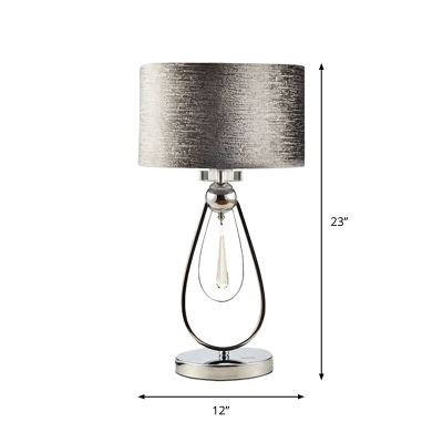 Drum Living Room Table Light Fabric 1-Head Modern Night Lamp in Brushed Grey with Drop Shaped Base