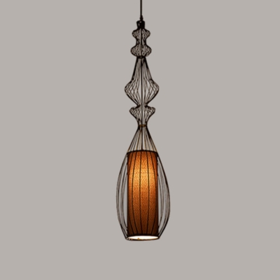 Fabric Black Ceiling Hanging Lantern Cylindrical 1 Bulb Vintage Pendant Light with Gourd/Curved/Cone Cage