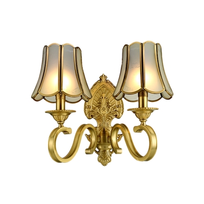 Frosted White Glass Brass Wall Lamp Flared/Bowl 1/2-Head Traditional Style Wall Light Kit with Curved Arm
