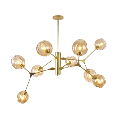 Gold Branch Ceiling Pendant Modern Style 9-Light Dimpled Amber Glass Hanging Chandelier