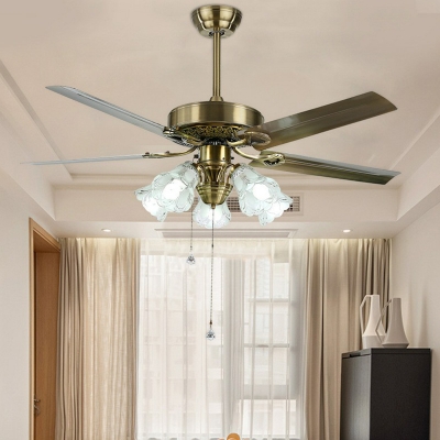 Gold Flower Hanging Fan Lamp Traditional Clear Glass 3 Heads Living Room 5-Blade Semi Flush Light with Pull Chain, 42