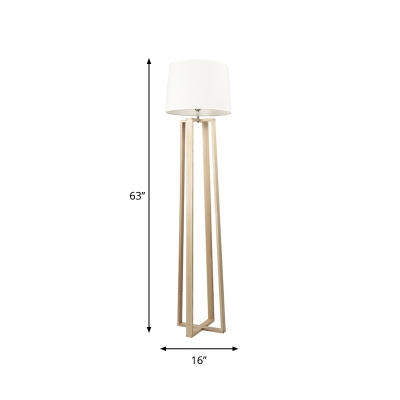 Hand-Worked Fabric Cylinder Floor Lamp Minimalism 1 Light White Reading Floor Light with Wood Cross Stand