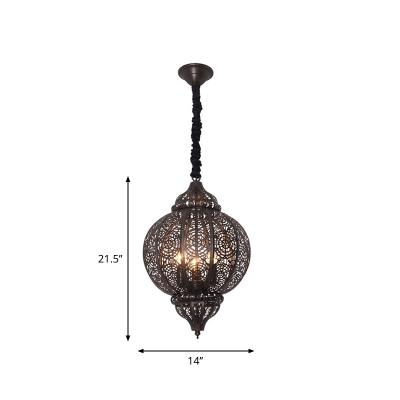 Hollowed-out Lantern Bistro Drop Lamp Moroccan Metal 3 Bulbs Bronze Chandelier Pendant